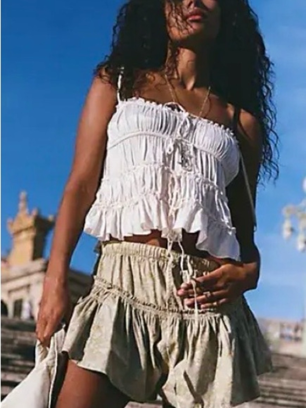 Free People White Smocked Ruffle Crop Cami